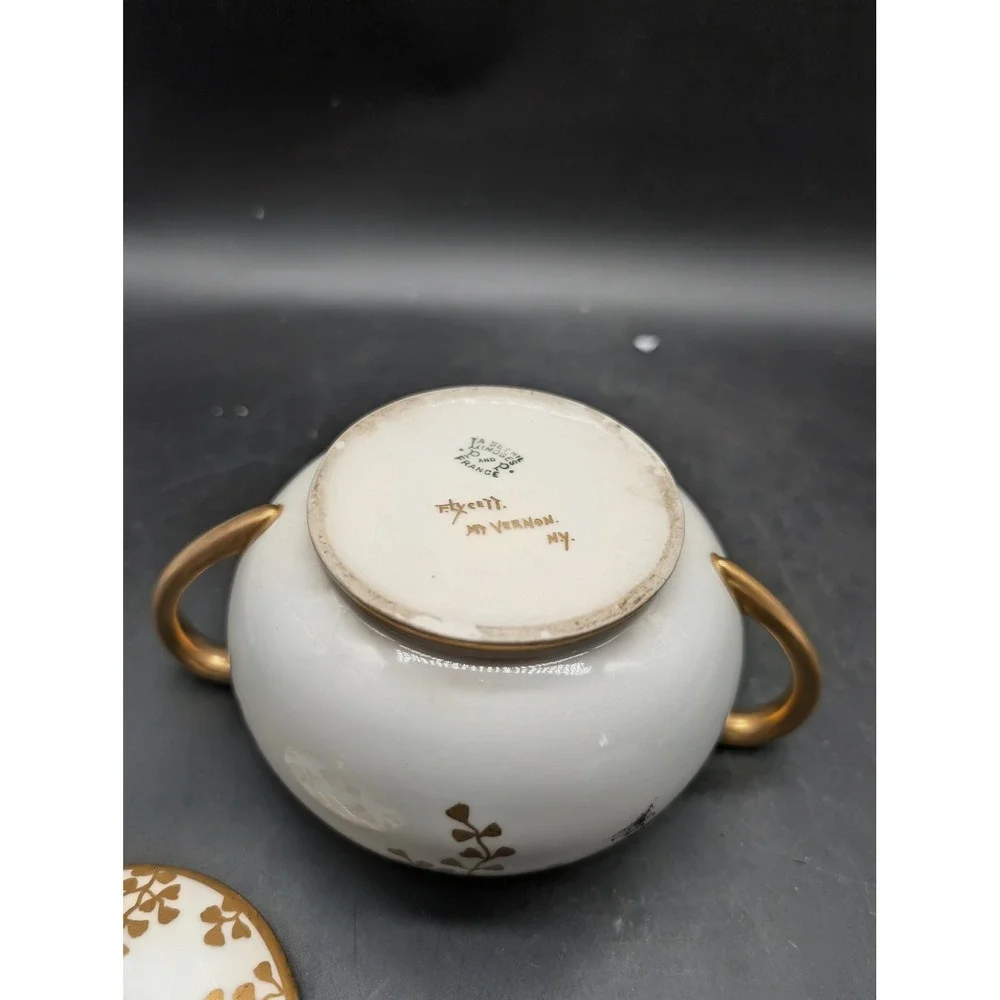 Antique Limoges Lycett France Gold Leaf Porcelain Teapot Sugar Creamer Set 3pc